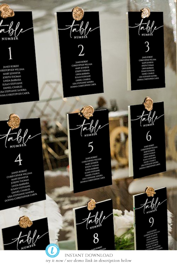 3x5 Black Wedding Seating Card Template, Black Table Seating Chart printable, Editable Seating plan, Dark Seating Chart, Heather