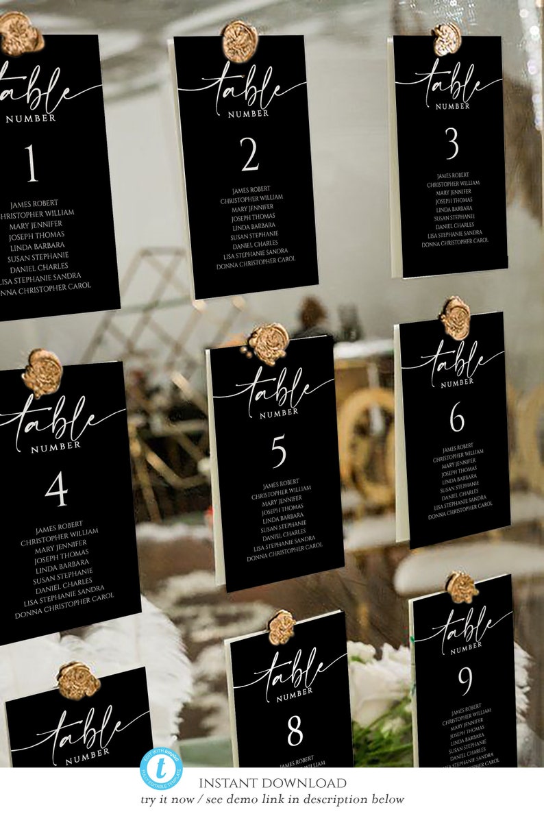 May include: Nine black table number cards with gold wax seals. Each card has a white script font that says "table number" and a number from 1 to 9. Each card has a list of names in white font.