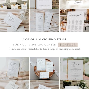 May include: A set of wedding stationery with a modern calligraphy style. The stationery includes a welcome sign, table numbers, a seating chart, a bar menu, and a thank you card. The stationery is printed on white cardstock with black ink.