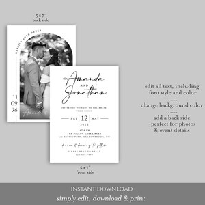 May include: Black and white wedding invitation with a photo of a couple kissing on the back. The front side features the names "Amanda and Jonathan" and event details. The invitation is 5x7 inches.
