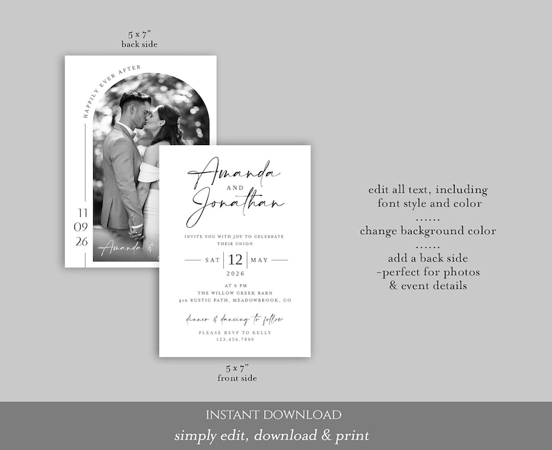 May include: Black and white wedding invitation with a photo of a couple kissing on the back. The front side features the names "Amanda and Jonathan" and event details. The invitation is 5x7 inches.