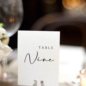 K&ouml;nnte beinhalten: Eine wei&szlig;e Tischnummerkarte mit dem Wort &bdquo;TABLE&ldquo; dar&uuml;ber und &bdquo;Nine&ldquo; in Schreibschrift. Die Karte wird von einem silbernen Metallhalter gehalten, der auf einer hellen Tischdecke steht. Der Hintergrund ist verschwommen mit weicher Beleuchtung.