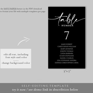 May include: Black and white printable table number card with the text "table number 7" and a list of names. The card measures 3 inches by 5 inches.