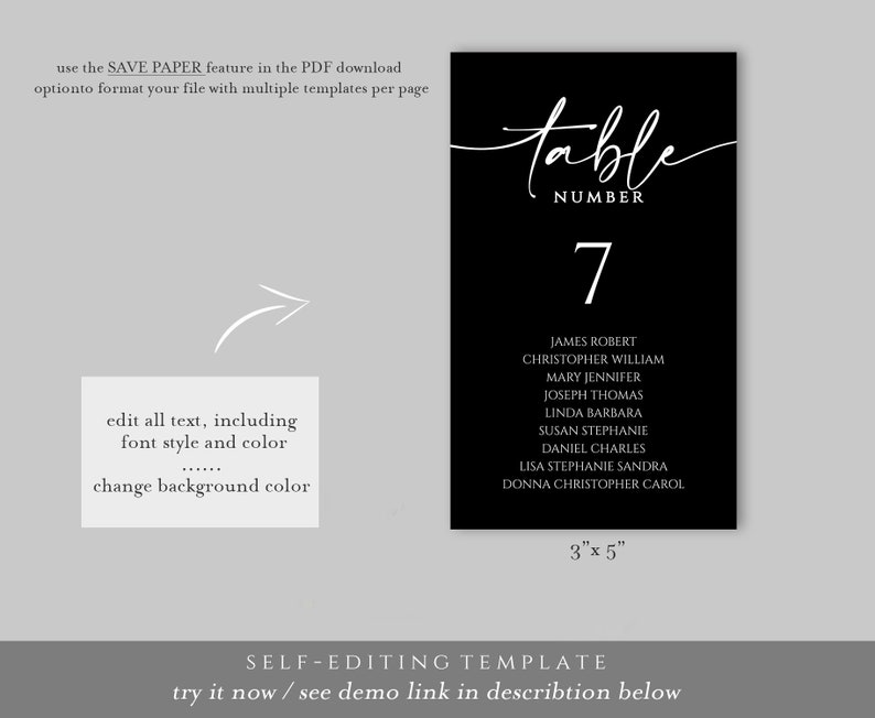 May include: Black and white printable table number card with the text "table number 7" and a list of names. The card measures 3 inches by 5 inches.