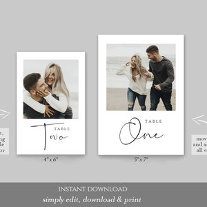 May include: Two printable table number cards with a minimalist design. The cards feature a black and white photo of a couple and the text "TABLE" and "One" or "Two" in a handwritten font. The cards are 10.16cm x 15.24cm and 12.7cm x 17.78cm.