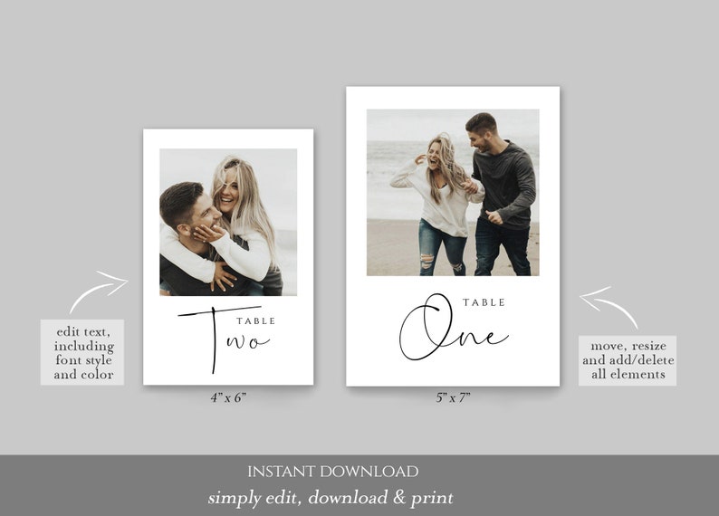 May include: Two printable table number cards with a minimalist design. The cards feature a black and white photo of a couple and the text "TABLE" and "One" or "Two" in a handwritten font. The cards are 10.16cm x 15.24cm and 12.7cm x 17.78cm.