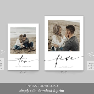 Op de afbeelding: Twee printbare kaarten met een stel op een strand. De kaarten zijn wit met zwarte tekst. De tekst op de linker kaart zegt "tien" en de tekst op de rechter kaart zegt "vijf". De kaarten zijn 10,16 cm x 15,24 cm en 12,7 cm x 17,78 cm.