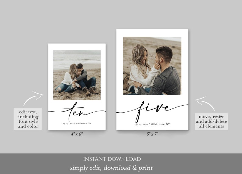 Op de afbeelding: Twee printbare kaarten met een stel op een strand. De kaarten zijn wit met zwarte tekst. De tekst op de linker kaart zegt "tien" en de tekst op de rechter kaart zegt "vijf". De kaarten zijn 10,16 cm x 15,24 cm en 12,7 cm x 17,78 cm.