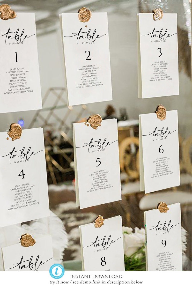 K&ouml;nnte beinhalten: Elegante Tischnummern f&uuml;r Hochzeiten. Jede Karte zeigt ein goldenes Wachssiegel und ein minimalistisches Design mit dem Wort "Tisch" in Schrift und der Tischnummer. Sofortiger Download verf&uuml;gbar.