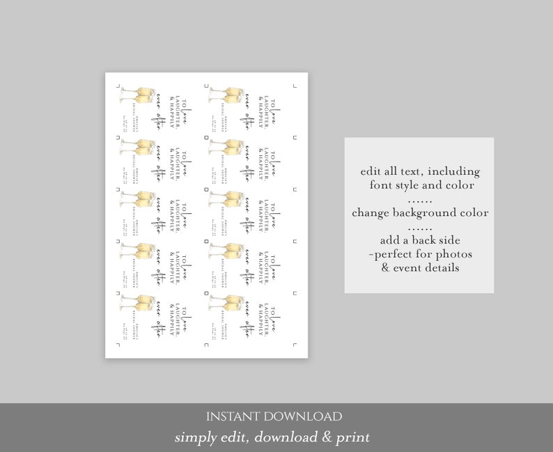 Pu&ograve; includere: Download digitale stampabile di 10 etichette regalo a forma di bicchiere di champagne con il testo "To love, laughter, & happily ever after". Le etichette sono bianche con testo nero e un'illustrazione ad acquerello di due bicchieri di champagne.
