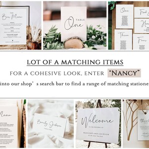 May include: A collection of wedding stationery with a minimalist design featuring handwritten calligraphy. The stationery includes a bar menu, table numbers, seating chart, welcome sign, menu, place cards, and thank you tags. The text on the stationery includes "Bar Menu", "Table One", "Welcome to the Wedding of", "Menu", "Beurly Jackson", "Thank You".