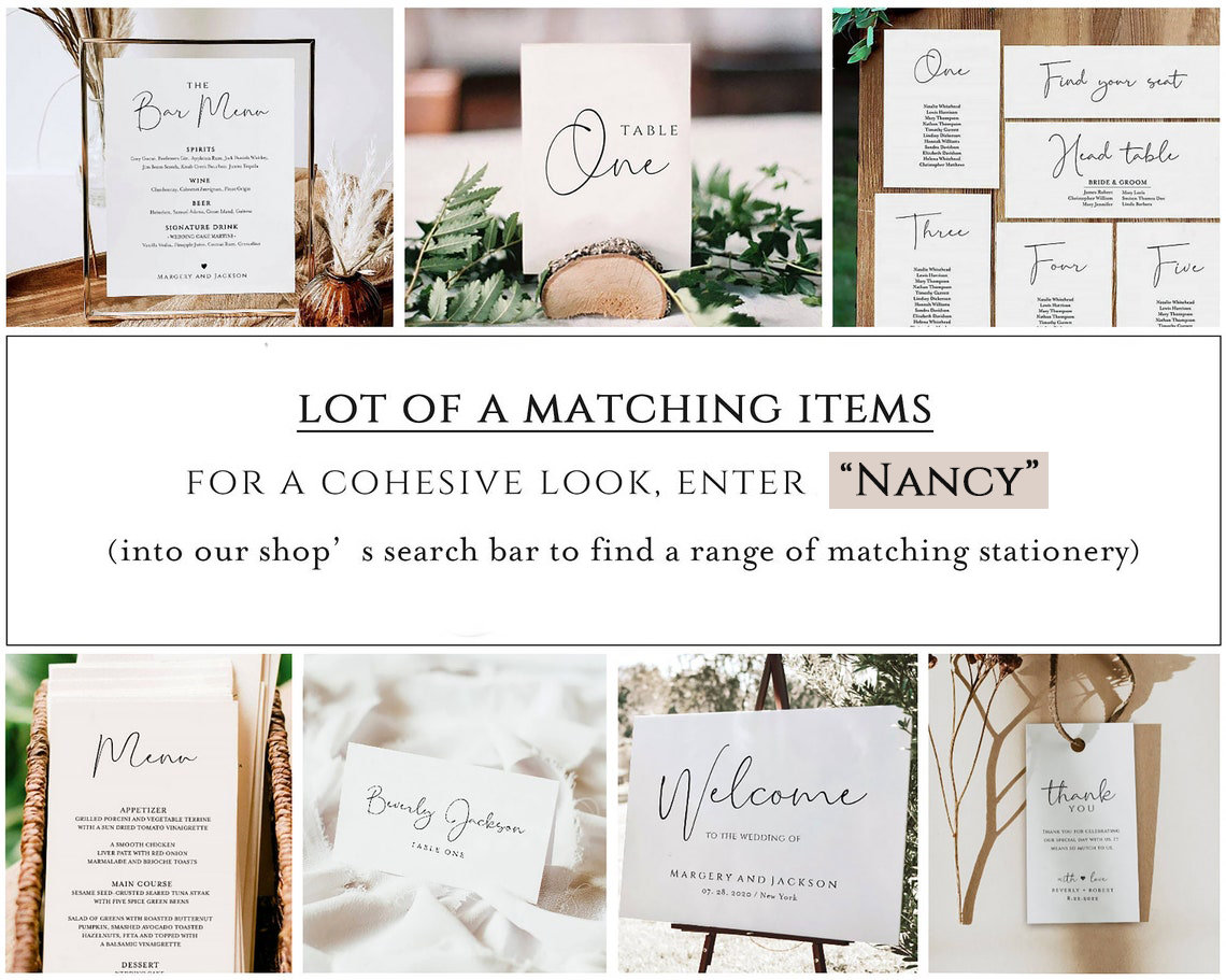 May include: A collection of wedding stationery with a minimalist design featuring handwritten calligraphy. The stationery includes a bar menu, table numbers, seating chart, welcome sign, menu, place cards, and thank you tags. The text on the stationery includes "Bar Menu", "Table One", "Welcome to the Wedding of", "Menu", "Beurly Jackson", "Thank You".