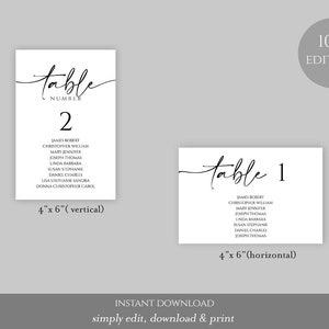 May include: Two printable table cards for a wedding or event. The cards are white with black text and feature the word "table" in a script font. The first card is vertical and shows "table number 2" with a list of names. The second card is horizontal and shows "table 1" with a list of names. Both cards are 4 inches by 6 inches.