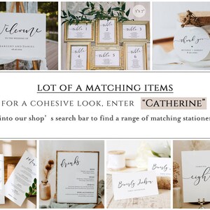 May include: A collection of wedding stationery items, including a welcome sign, table number cards, and menu cards. The items feature elegant calligraphy and a cohesive design. The text "CATHERINE" is highlighted in the image.