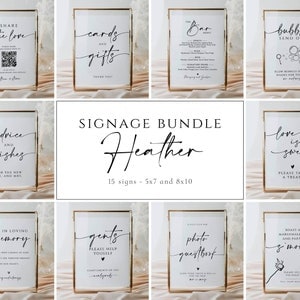 May include: A set of 15 printable wedding signage templates in black and white with gold frames. The signs include phrases like "Share the Love", "Cards and Gifts", "Advice and Wishes", "Love is Sweet", "In Loving Memory", "Gents", "Photo Guestbook", and "Roast a Marshmallow and Party & More".