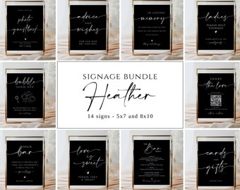 Black Wedding Signs Bundle, 14 Modern Wedding Signs Template, Minimalist Wedding Signs, Reception Signage Bundle, Black Signs, Heather