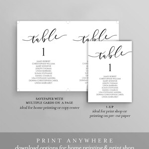 May include: Two white table number cards with elegant black script. The word "table" is written in cursive, with the number "1" below. Names are listed beneath the number. Text at the bottom reads "Print Anywhere".
