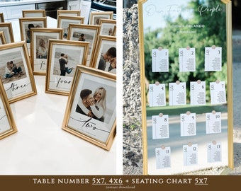 May include: Gold-framed table numbers with photos of a couple, and a gold-framed mirror with white cards for a seating chart. The mirror has the text "Our Favorite People" and "Loida & Orlando" on it.