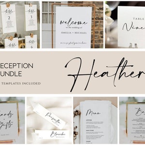 Modern Wedding Reception Bundle, Editable Wedding Sign Template, Minimal Wedding Sign, Reception Wedding, Table Number, Bar Menu, Heather