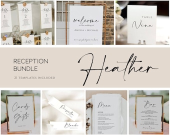 Modern Wedding Reception Bundle, Editable Wedding Sign Template, Minimal Wedding Sign, Reception Wedding, Table Number, Bar Menu, Heather