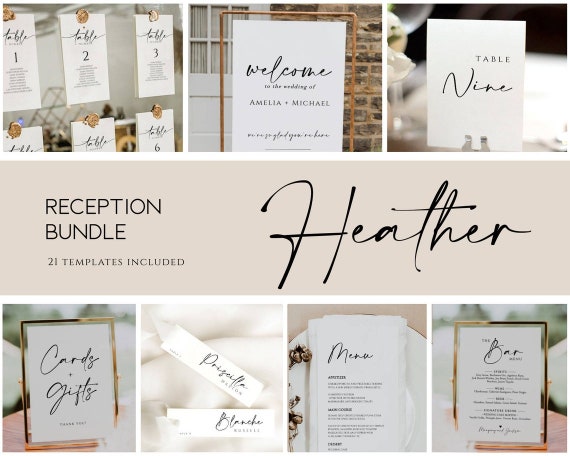 Modern Wedding Reception Bundle, Editable Wedding Sign Template, Minimal Wedding Sign, Reception Wedding, Table Number, Bar Menu, Heather