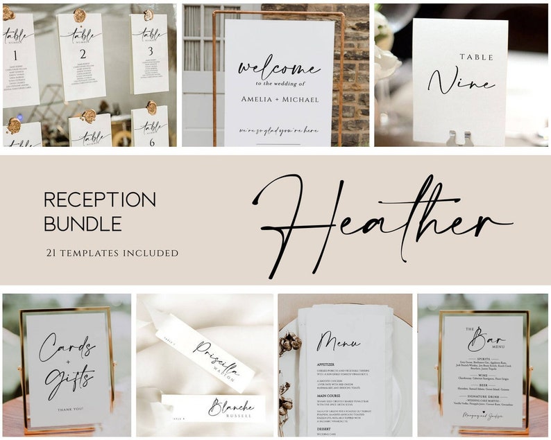 K&ouml;nnte beinhalten: Eine Sammlung von Vorlagen f&uuml;r Hochzeitspapeterie, darunter Tischnummern, Willkommensschilder, Men&uuml;s und Tischkarten. Die Designs zeichnen sich durch elegante Kalligraphie und eine neutrale Farbpalette aus. Der Text "Reception Bundle" und "Heather" sind ebenfalls sichtbar.