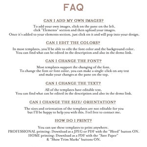 May include: A beige and brown graphic with the text "FAQ" and answers to common questions about digital design templates. The text includes instructions on adding images, editing colors, changing fonts and text, and printing options. The Digital Studio Designs logo is at the top.