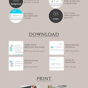 May include: A graphic showing the steps to create and download a printable design. The steps include editing the background, font, and images, then downloading the design as a PDF or JPEG file. The final step is to print the design at home or professionally.