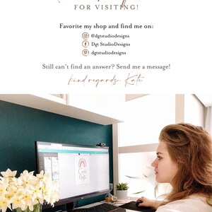 May include: A computer monitor displays a design with a rainbow and the words "Cards & Gifts." The image also includes the text "thank you for visiting" and social media handles. A person is working at a desk with a keyboard and mouse.