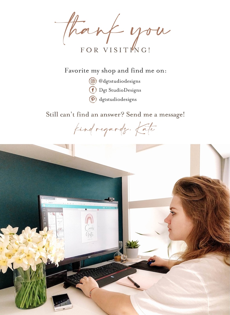May include: A computer monitor displays a design with a rainbow and the words "Cards & Gifts." The image also includes the text "thank you for visiting" and social media handles. A person is working at a desk with a keyboard and mouse.