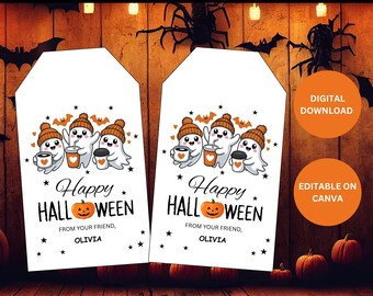 Editable Happy Halloween Gift Tag | Halloween Ghost Treat Tag | Festive Halloween Party Tags | Printable Boo Tag instant download