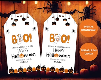 以下が含まれることがあります： オレンジと黒のグラフィックが施された、2つの白いハロウィーンギフトタグ。「BOO！」と「Happy Halloween」の文字が、お化けとカボチャのデザインで描かれています。「Here's a treat for you」と「From your friend, Olivia」の文字も含まれています。