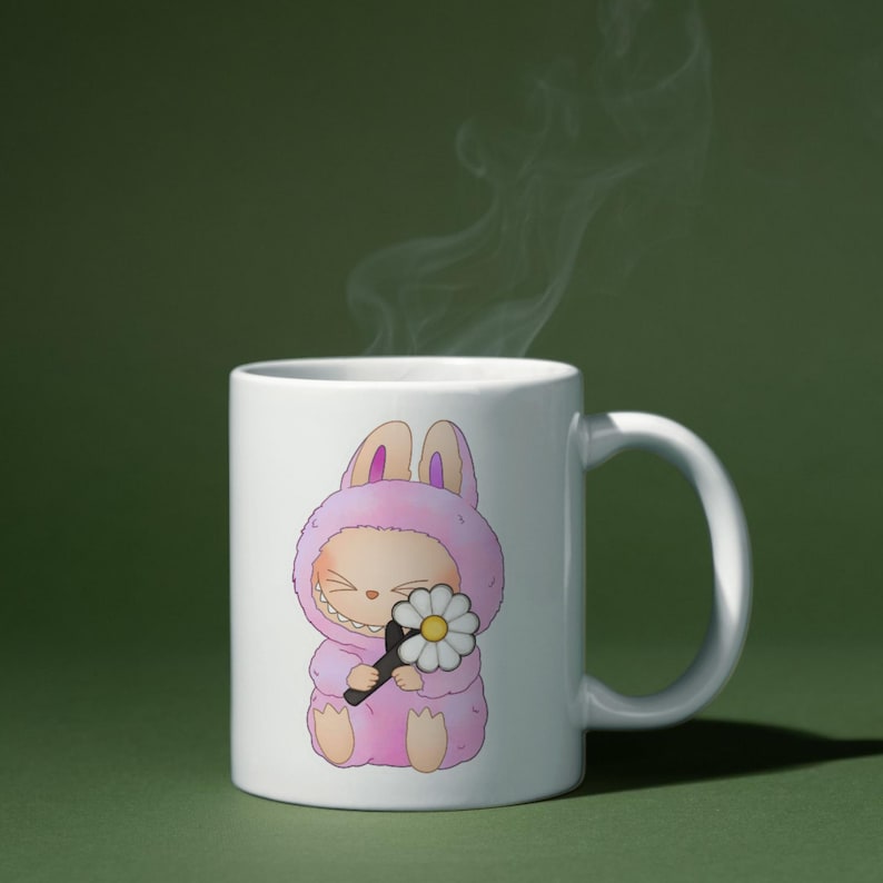 May include: White ceramic mug featuring a cartoon character in a pink bunny suit holding a daisy. The character has a wide grin and is set against a green background. Steam rises from the top of the mug.