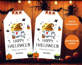 以下が含まれることがあります： 白いハロウィーンのギフトタグ2枚。漫画の幽霊が魔女の帽子をかぶり、「Happy Halloween」の文字と「Olivia」の名前が書かれています。タグにはカボチャ、コウモリ、大釜も描かれています。「デジタルダウンロード」と「Canvaで編集可能」の文字も表示されています。