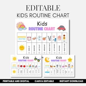 Printable Kids Routine Charts | Morning, Evening, and Bedtime Routine Chart |  Visual Routine Chart | Canva PDF Template