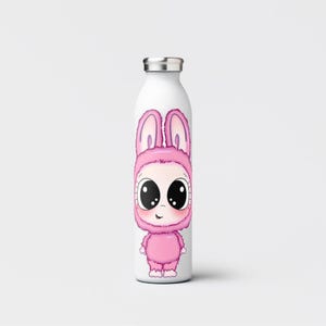 May include: White stainless steel water bottle featuring a cartoon illustration of a character in a pink bunny costume. The character has large black eyes and a smiling expression. The bottle has a silver cap.