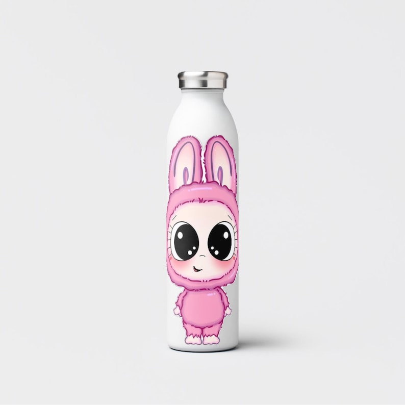 May include: White stainless steel water bottle featuring a cartoon illustration of a character in a pink bunny costume. The character has large black eyes and a smiling expression. The bottle has a silver cap.