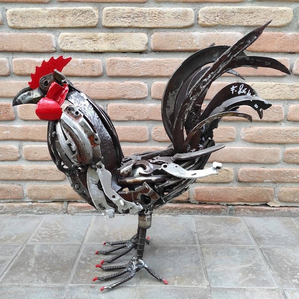 Artwork "Black Rooster" by F-Lor da Fer - Loris Farolfi - recycled iron for design furniture contemporary art - scrap metal art