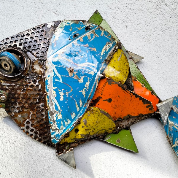 Fish sculpture artwork "PATCHFISH" by F-Lor da Fer - Loris Farolfi - recycled iron fish furniture design scrap metal Home decor House