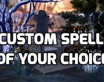 May include: A stone throne with a Celtic cross design sits in a mystical forest setting. The throne is surrounded by candles and glowing orbs. The text "CUSTOM SPELL OF YOUR CHOICE" is displayed in white letters.