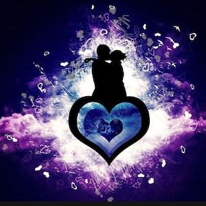 May include: Silhouette of a couple embracing within a large blue heart, surrounded by a purple and white background with scattered hearts.