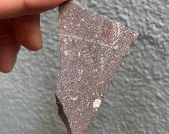 May include: A triangular piece of reddish-brown rock with a rough, textured surface. The rock has small white and light-colored flecks throughout. The rock is held between two fingers against a gray background.