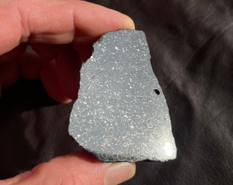 May include: A dark gray, irregularly shaped stone fragment with a smooth, polished surface. The stone features a dense distribution of tiny, reflective silver-colored metallic flecks throughout its flat face, creating a speckled appearance.