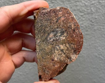 May include: A rough-hewn, irregularly shaped rock fragment. The stone displays a mix of colors, including reddish-brown, gray, and hints of green. The surface has a textured appearance, with visible mineral grains and variations in color.