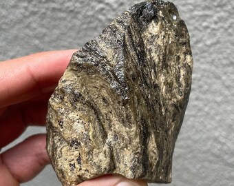 May include: A rough, irregularly shaped rock with a layered appearance. The rock has a mix of dark gray, black, and tan colors, with a slightly glossy surface. The texture appears coarse and natural, suggesting a mineral specimen.