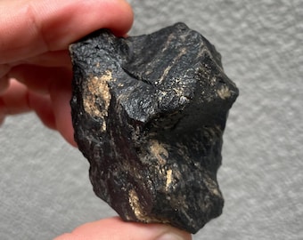 May include: A dark, irregularly shaped rock with a rough texture. The rock is primarily black with streaks of tan and gold. The image shows the rock held in a person's hand.