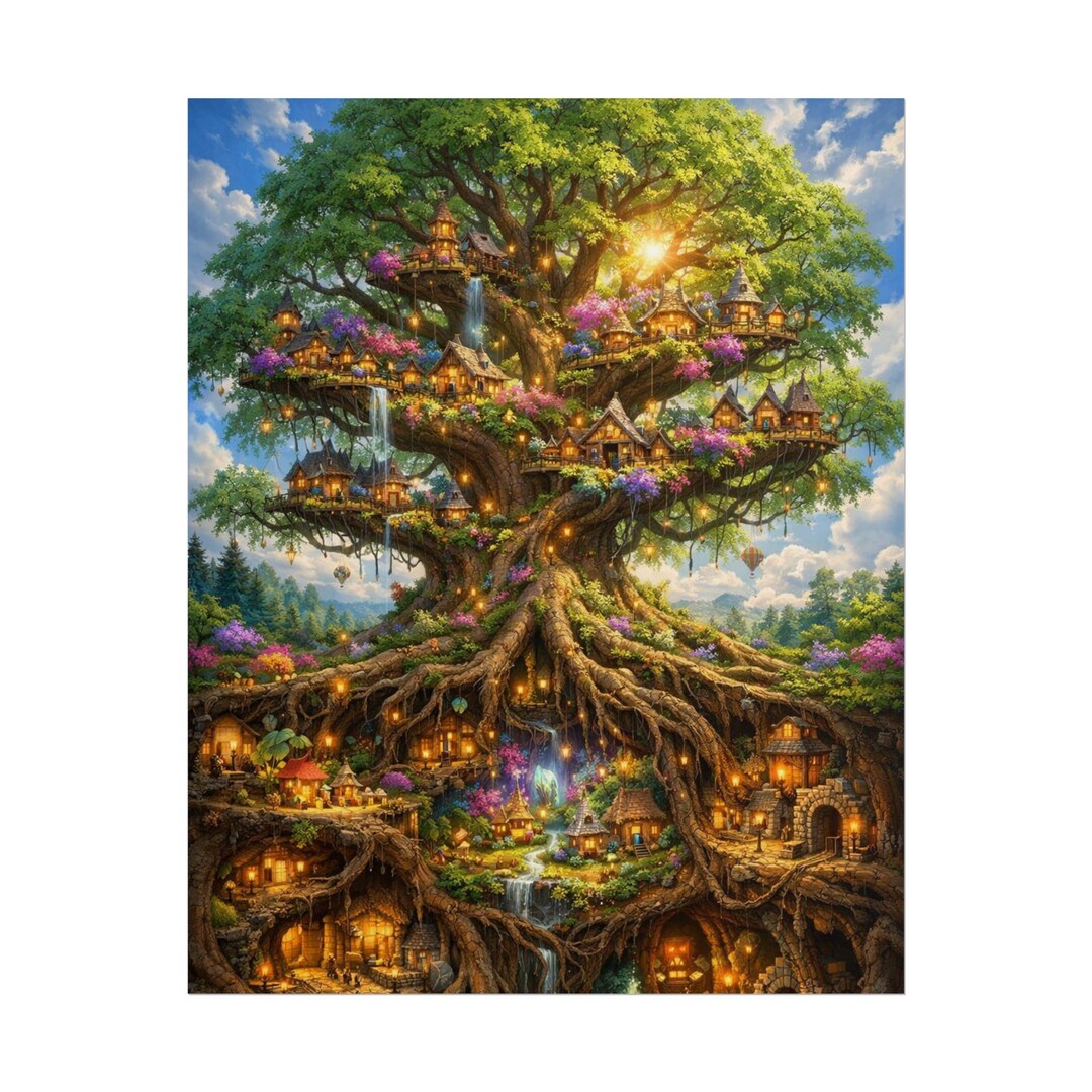 Enchanted Tree Village Rolled Poster | Fantasy Woodland Illustration - Etsy
