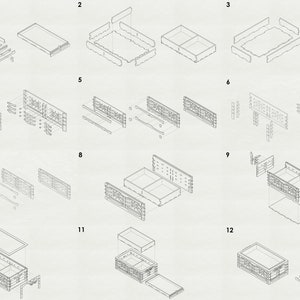 May include: A 12-step assembly diagram showing how to build a wooden box with two drawers. The box is made of thin wood planks and has a simple design.