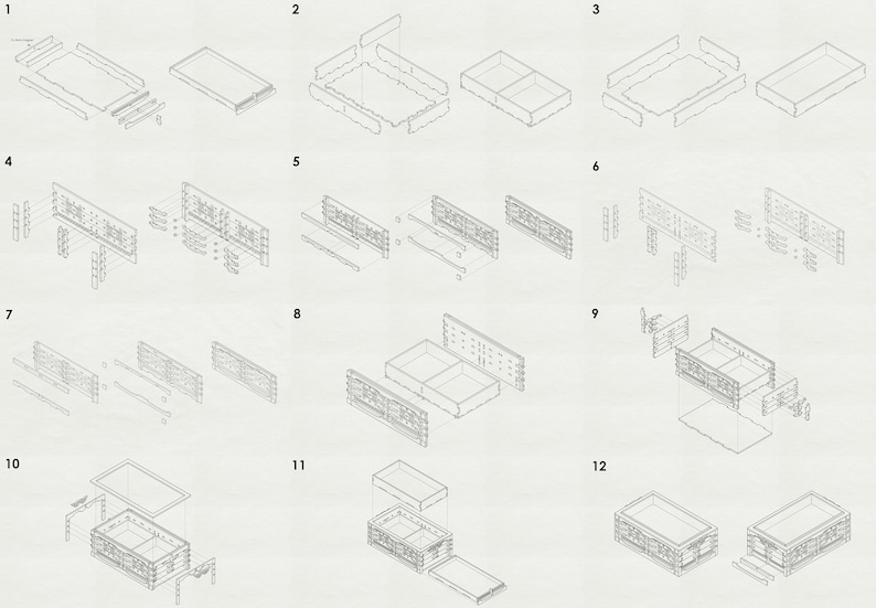 May include: A 12-step assembly diagram showing how to build a wooden box with two drawers. The box is made of thin wood planks and has a simple design.