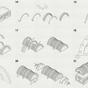 May include: A step-by-step diagram showing how to build a wooden chest with a curved lid. The diagram shows the individual pieces of wood, the assembly process, and the finished product.